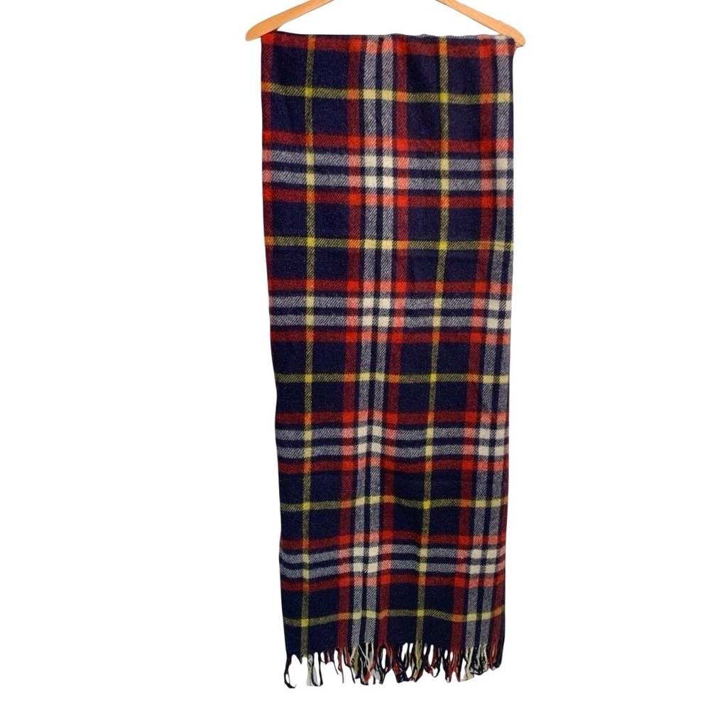 Troy Leisure Blanket Vintage 50x69 Navy Red Yellow Plaid Fringed Throw USA